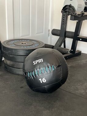 14” SPRI 16lb Black Medicine Ball with Teal Stitching